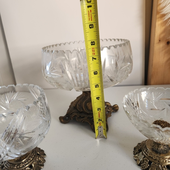 Vintage Mid Century Crystal Brass Pedestal Compote Bowl Lot Of 3 Glass Ornate - Picture 8 of 13